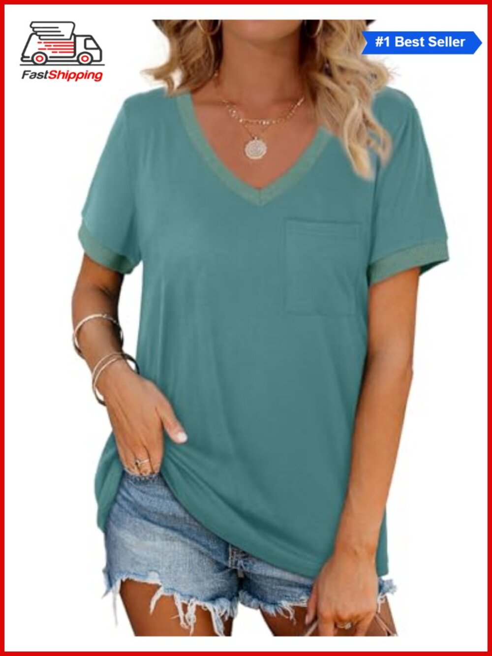 ✨ Geifa Womens V Neck Short Sleeve Loose Casual Summer T Shirt with Pocket